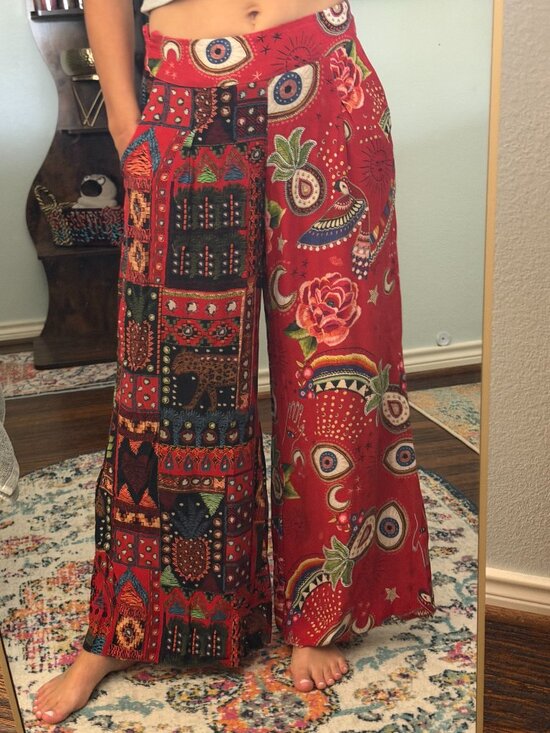 FARM Rio Pants - FARM Rio Mystic Red Mixed Print Wide Leg Pants Medium Boho Evil Eye